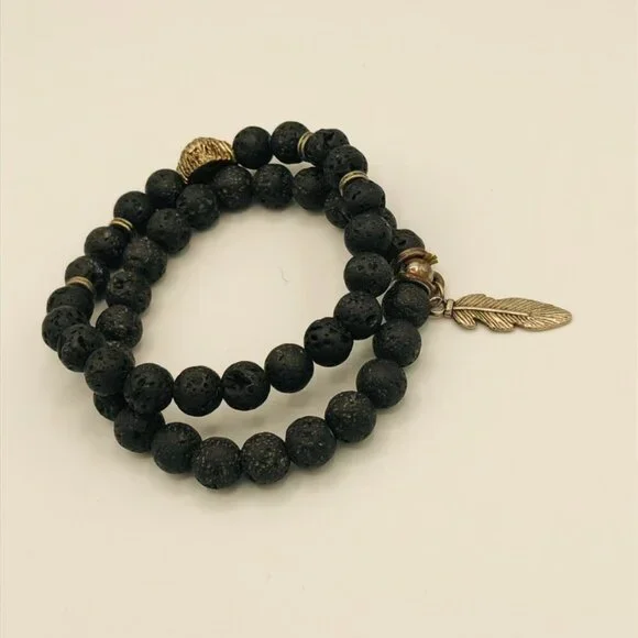 Set of Lava Stone Stretch Bracelets with Accent Beads - Picture 3 of 6